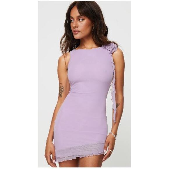 Princess Polly Size 2 Lorello Mini Sheath Dress Purple Asymmetric Flower Trim - Picture 1 of 10